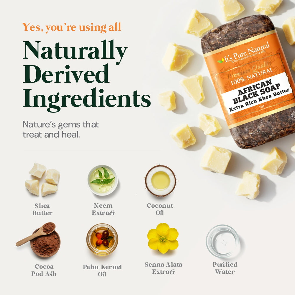 It's Pure Natural usage guide image shows face and body cleansing steps.