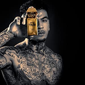 Its Time By Bruce Buffer bottle worn by a well-dressed man