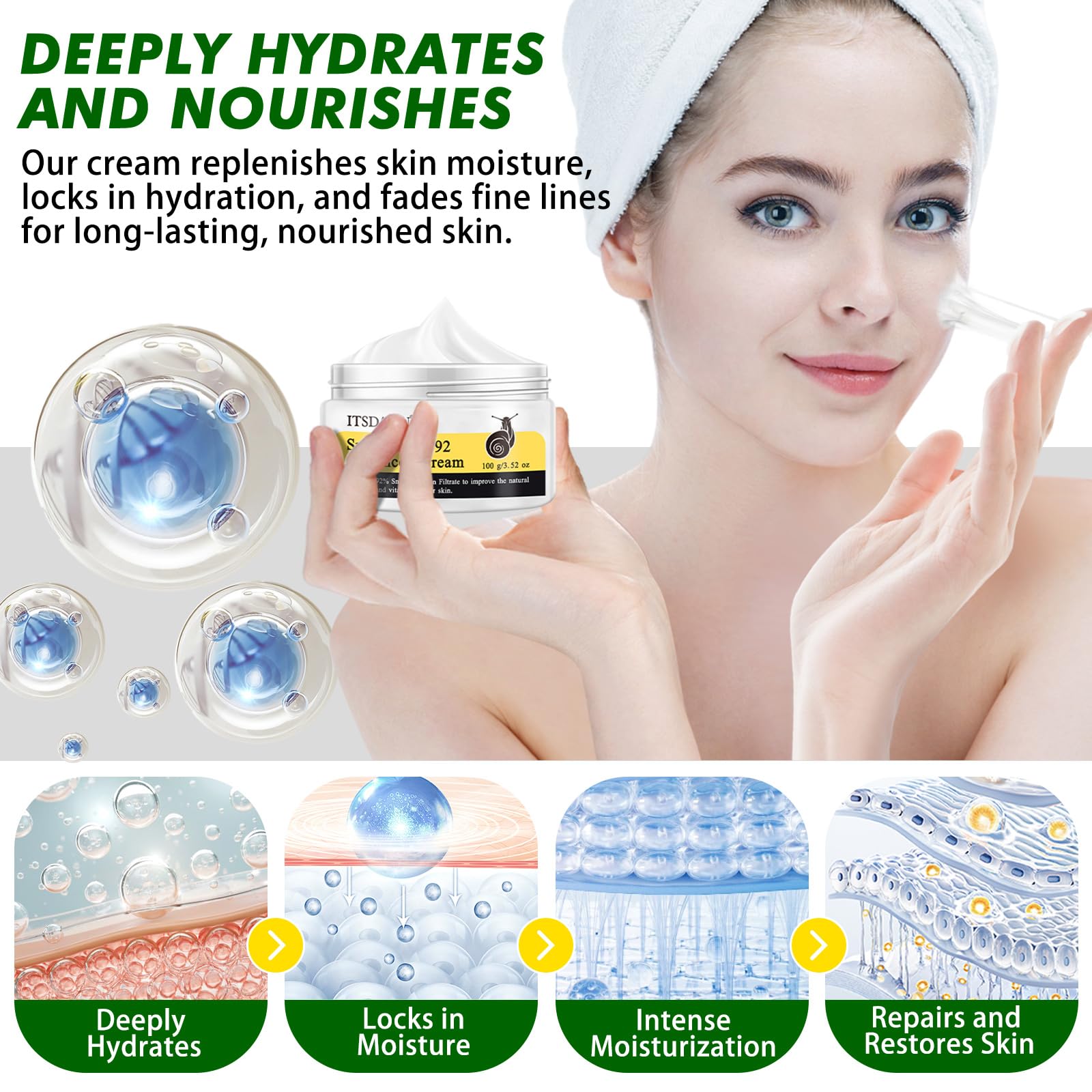 ITSDAWN Snail Mucin 92% face cream jar back displays ingredients and gentle skin support