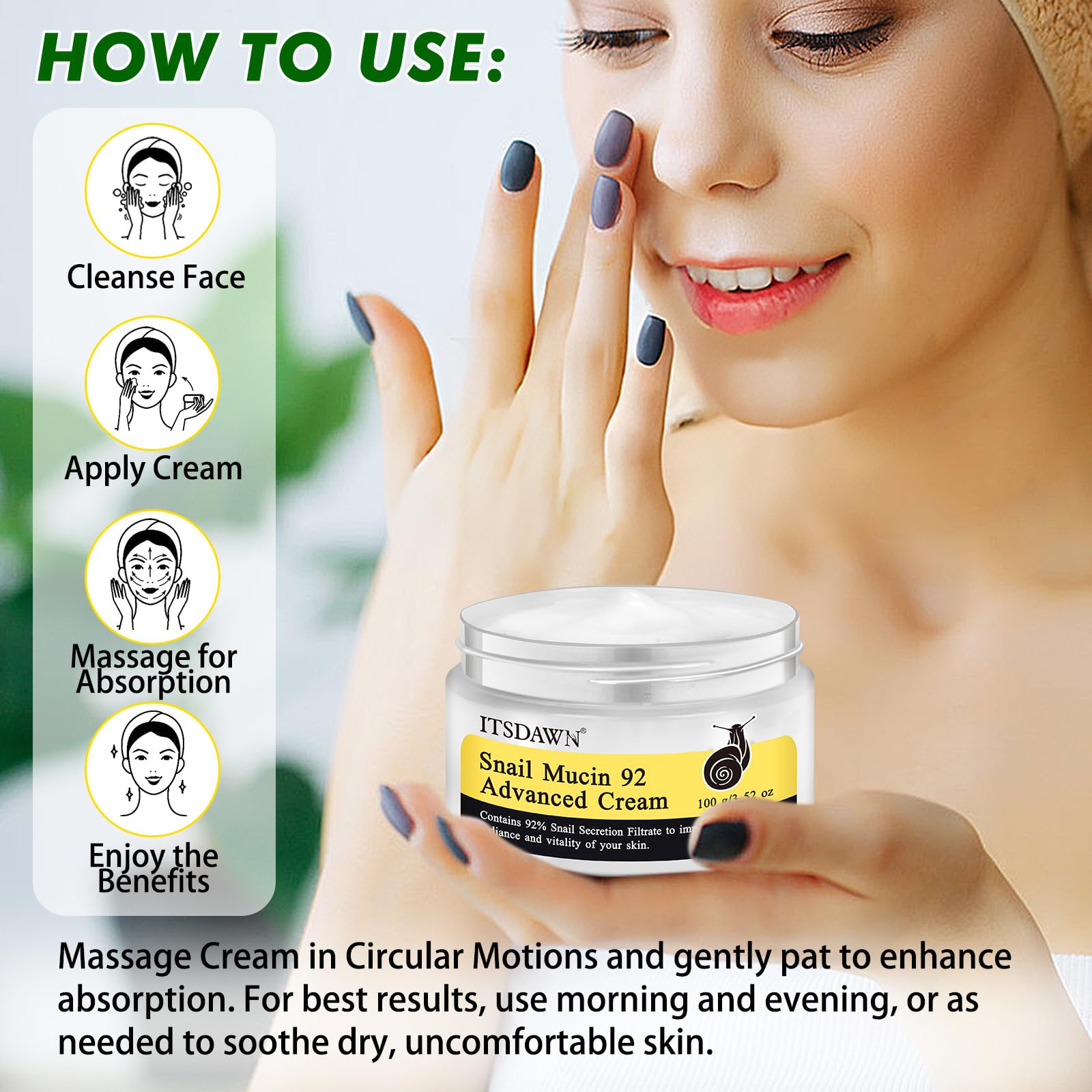 ITSDAWN Snail Mucin 92% cream ingredients highlight gentle snail filtrate for nourishing effects