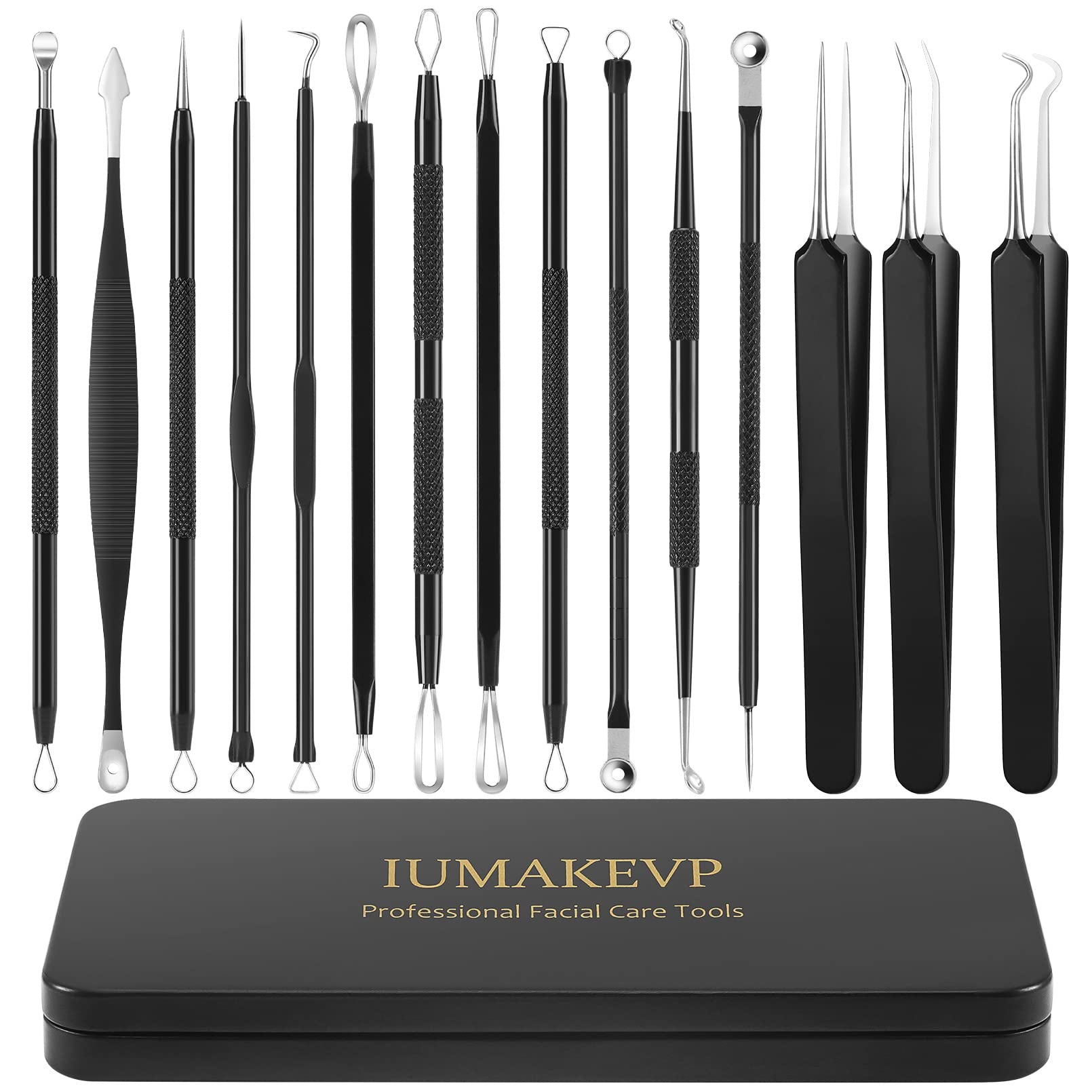 IUMAKEVP pimple popper tool kit front view showing 15-piece set for precise blemish removal