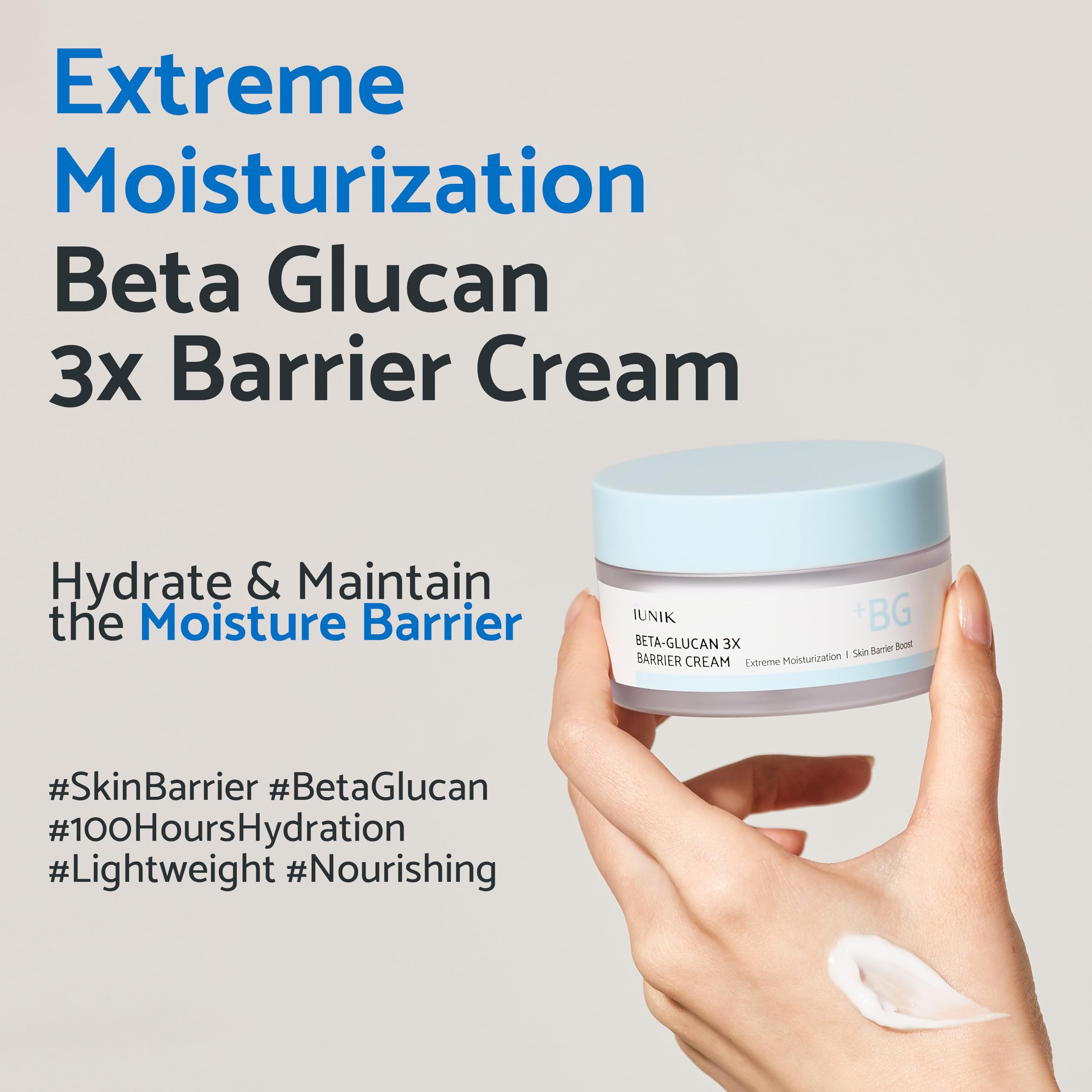 IUNIK Beta-Glucan Deep Moisture Cream texture close-up shows non-sticky absorption.