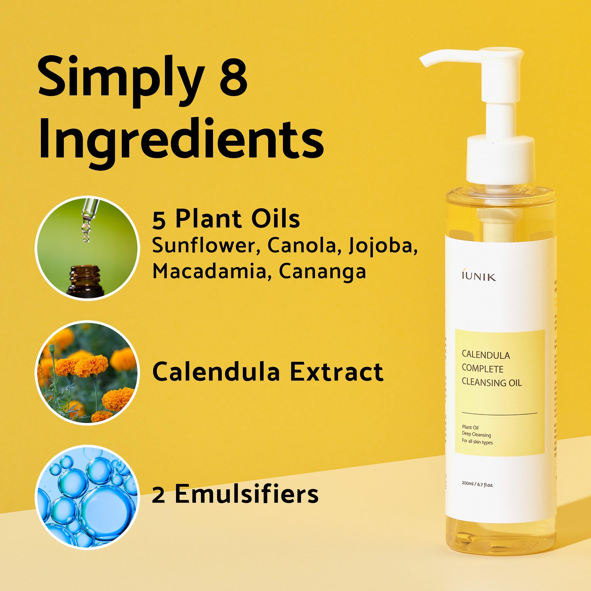 IUNIK calendula jojoba oils close-up underscores soothing, non-drying cleansing.