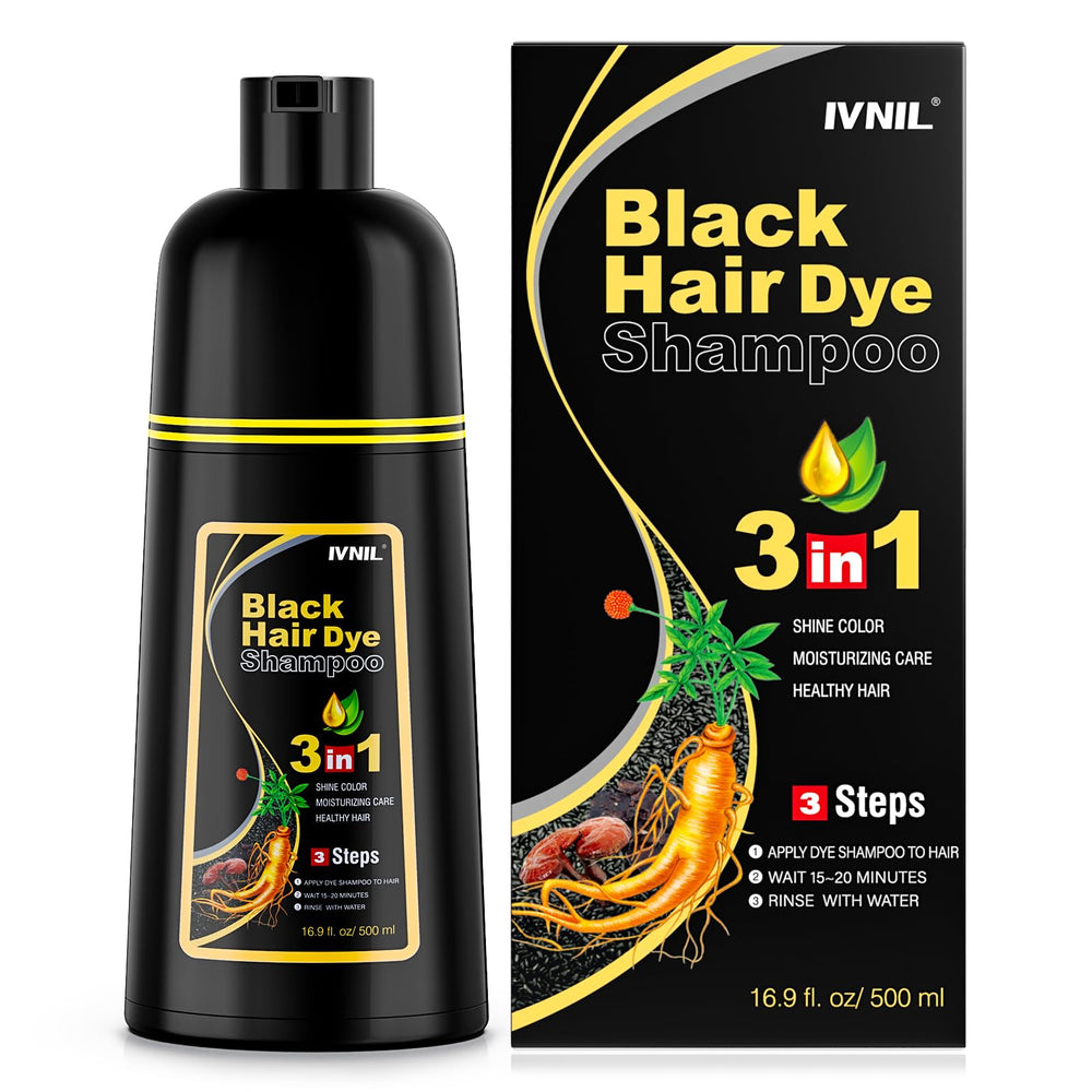 Ivnil black hair dye shampoo bottle for at-home color application and gray hair coverage.
