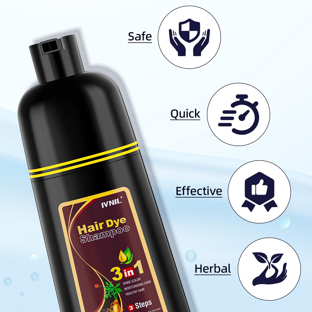 Ivnil Coffee Hair Dye Shampoo 3in1-no-harsh-chemicals emphasizes safe, color-and-cleanse routine.