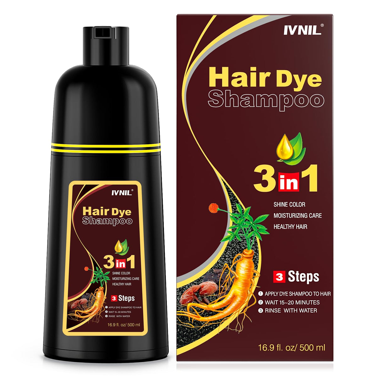 Ivnil dark brown hair dye shampoo bottle showing easy at-home color results