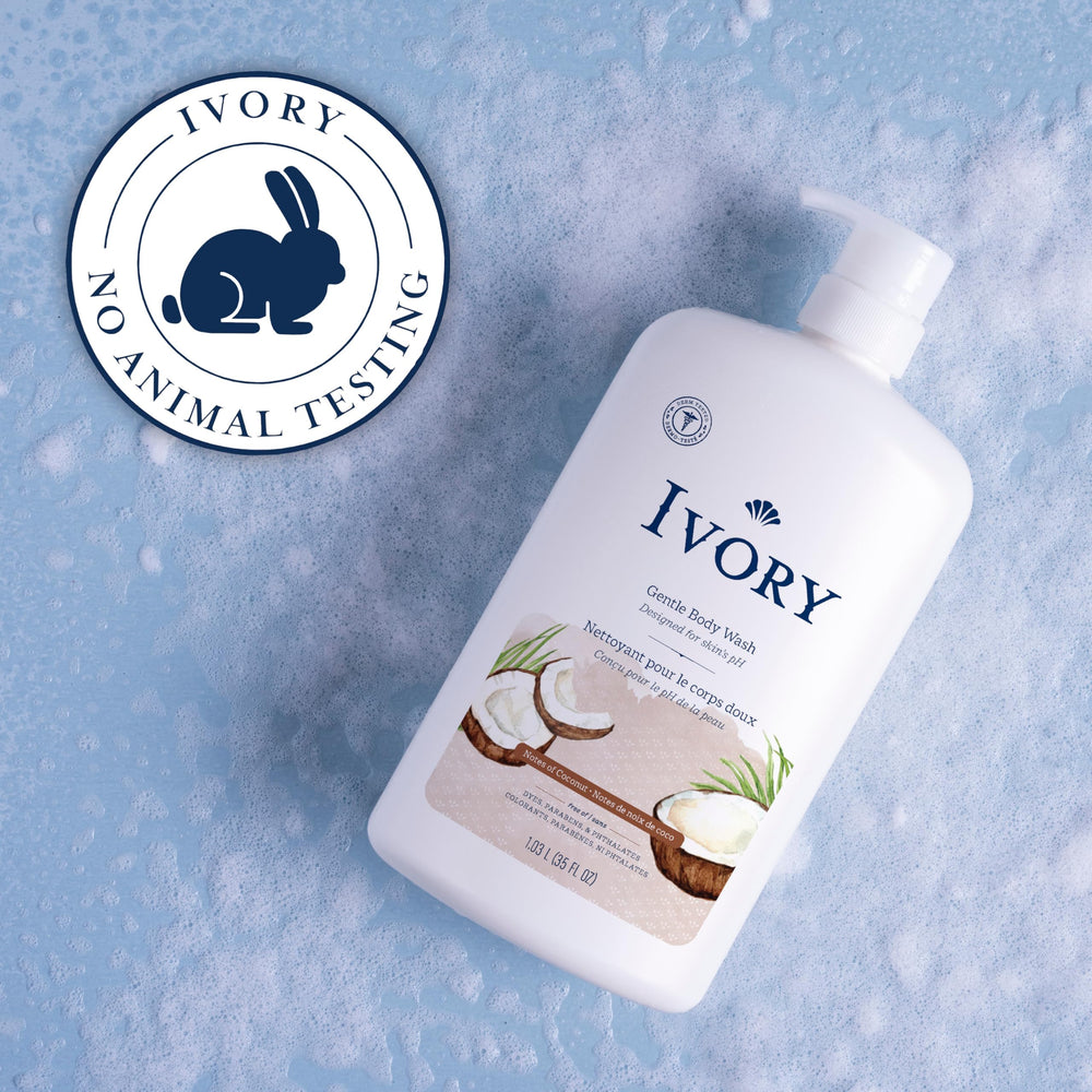 Ivory Body Wash coconut-scent pump shows inviting scent for a refreshing shower