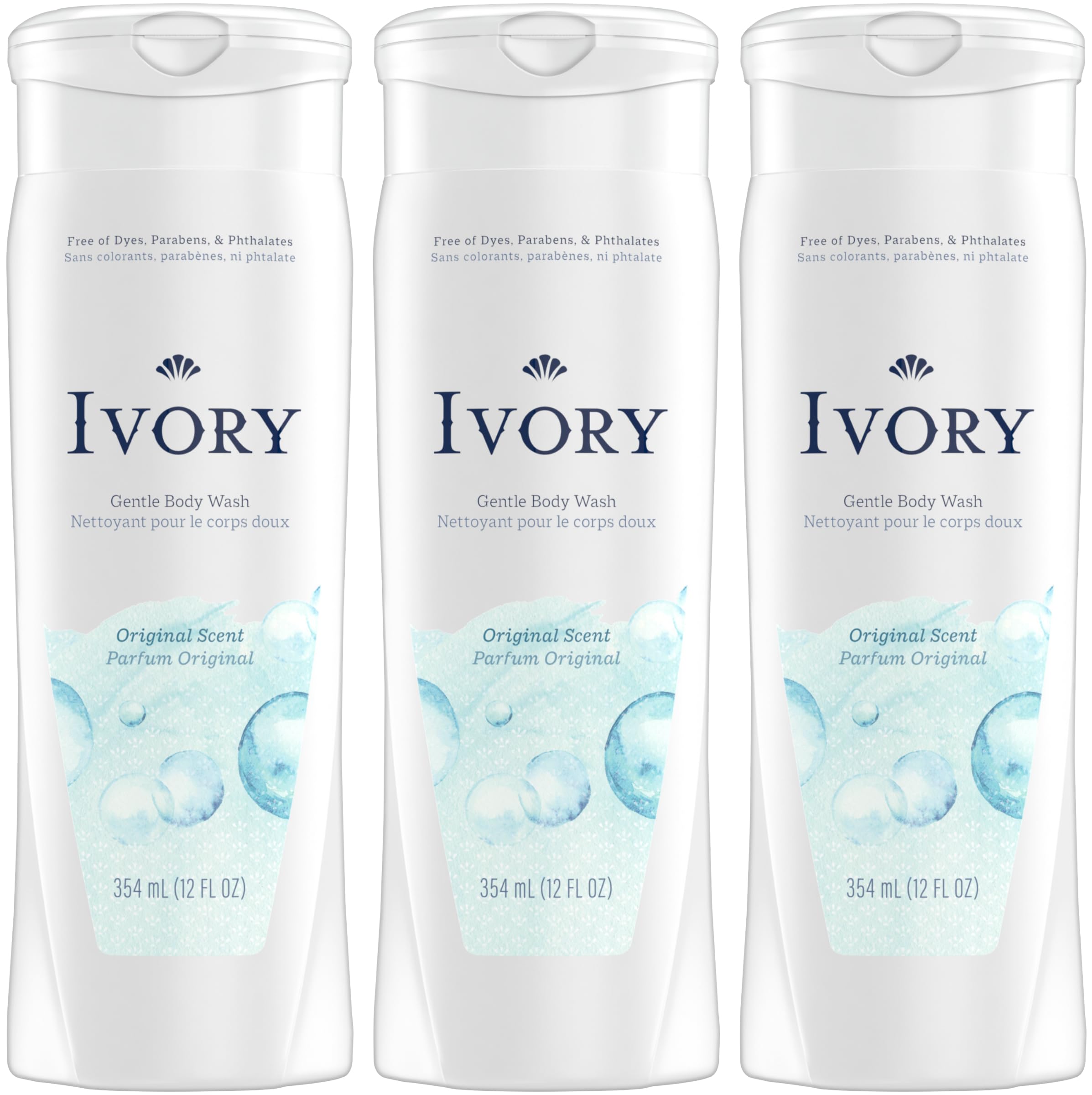 Ivory Body Wash Original pack3 bottle closeup highlighting dye-free formula and easy dispensing.