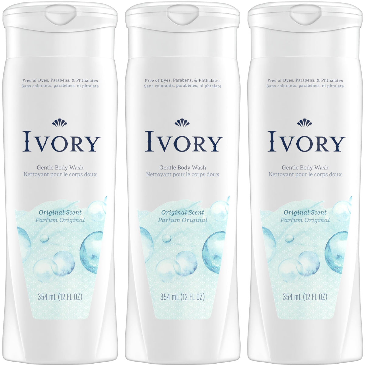 Ivory Body Wash Original pack3 bottle closeup highlighting dye-free formula and easy dispensing.