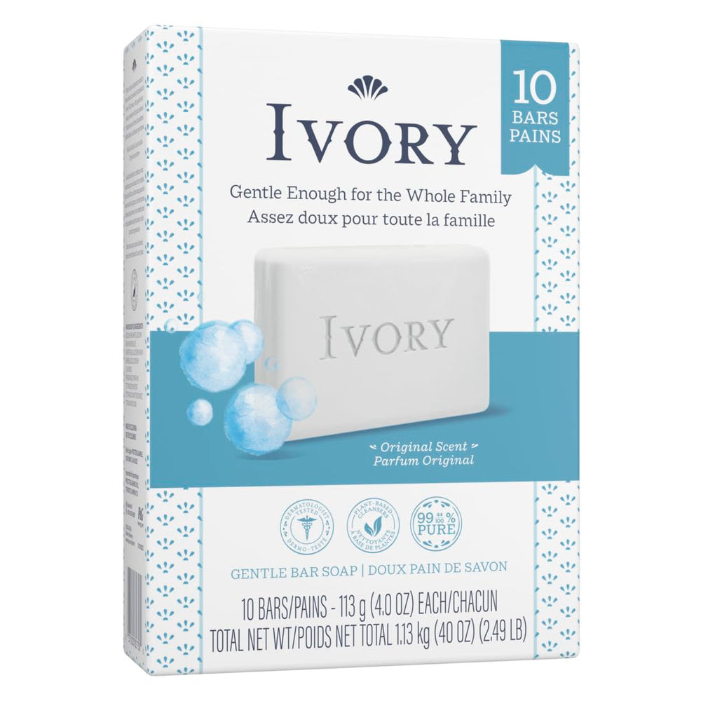 Ivory Clean Original Bar Soap closeup shows 4 oz bars with pure, dye-free formula.