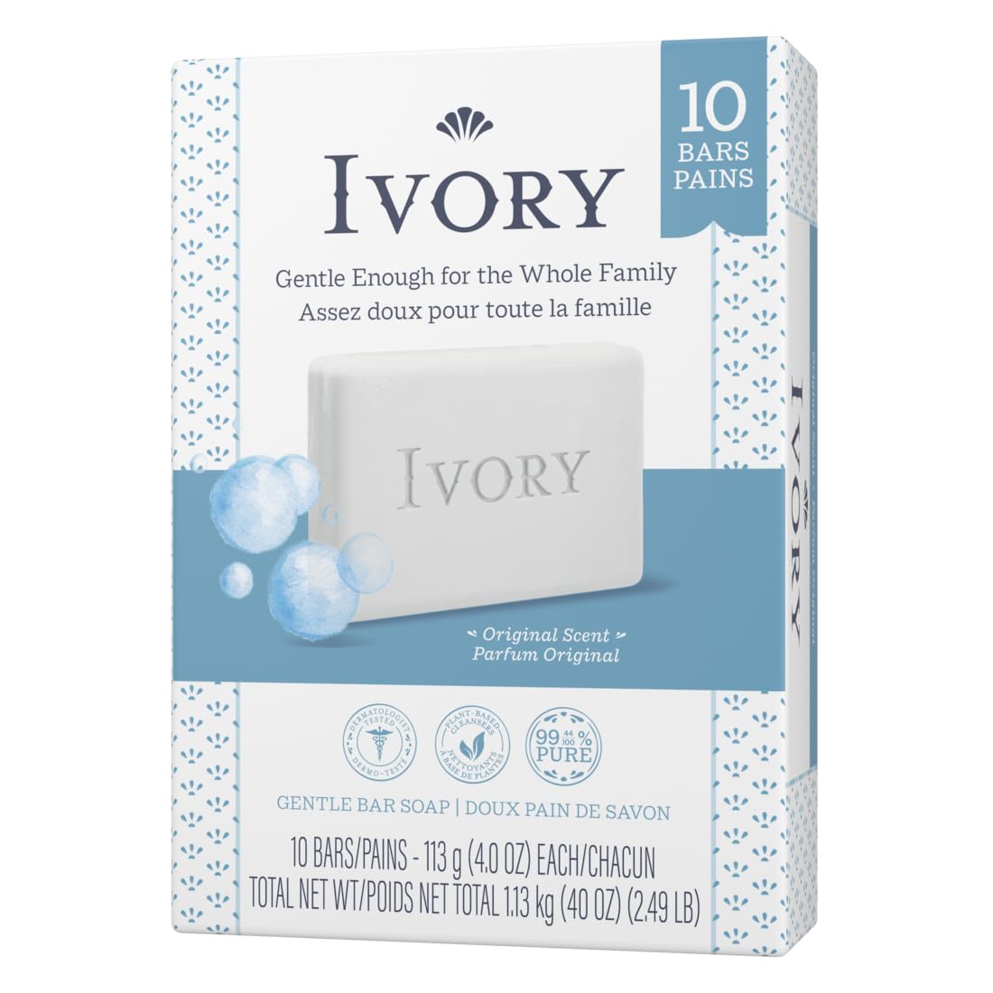 Ivory Clean Original Bar Soap on a bathroom shelf for everyday mild cleansing.