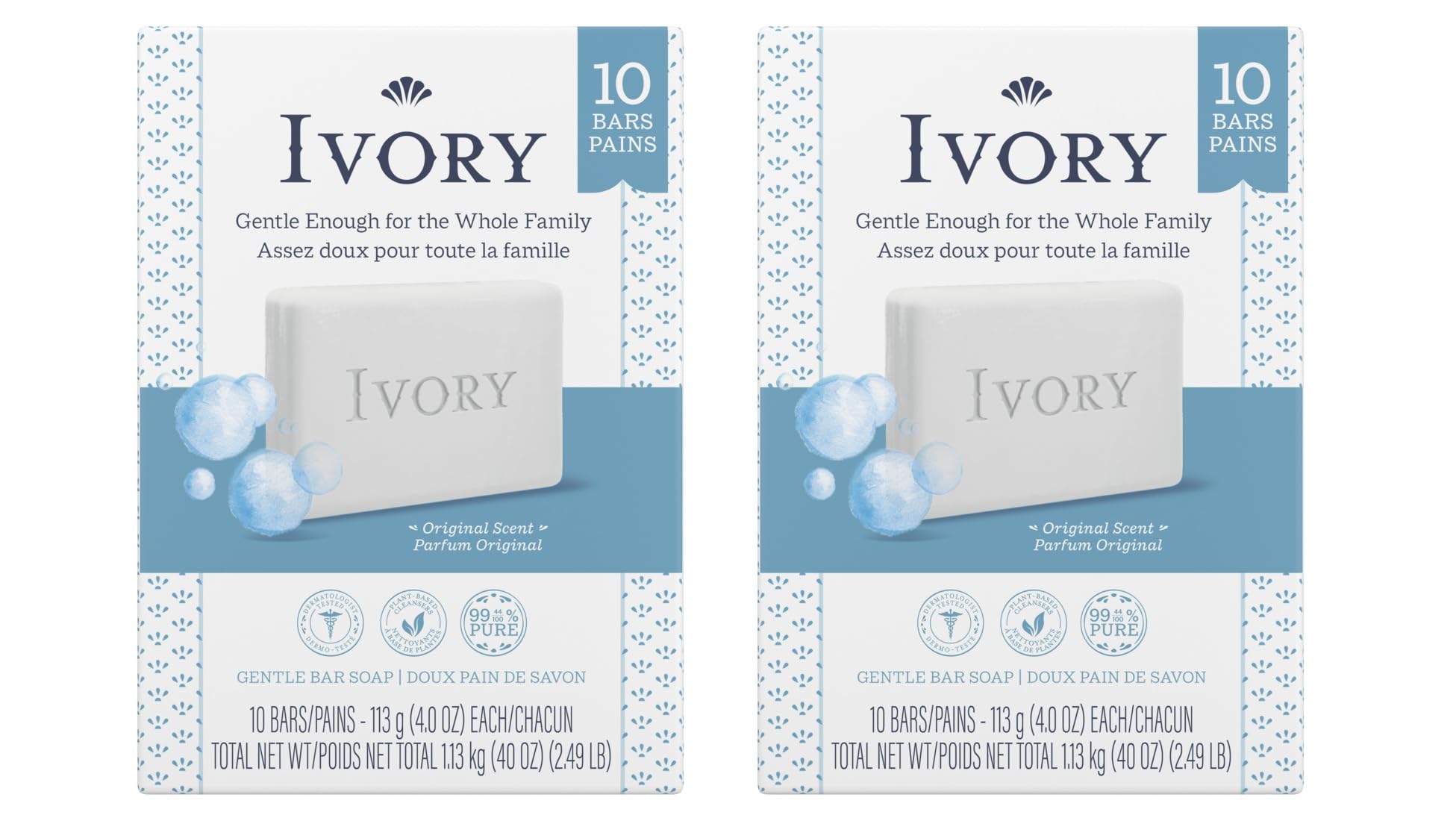Ivory Clean Original Bar Soap pack of 20 bars displayed in box for family use.