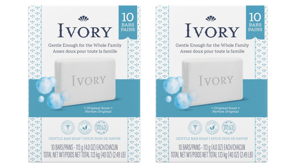 Ivory Clean Original Bar Soap pack of 20 bars displayed in box for family use.