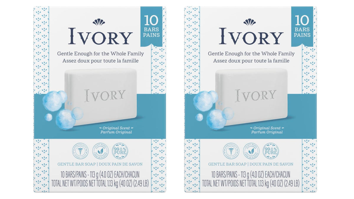 Ivory Clean Original Bar Soap pack of 20 bars displayed in box for family use.