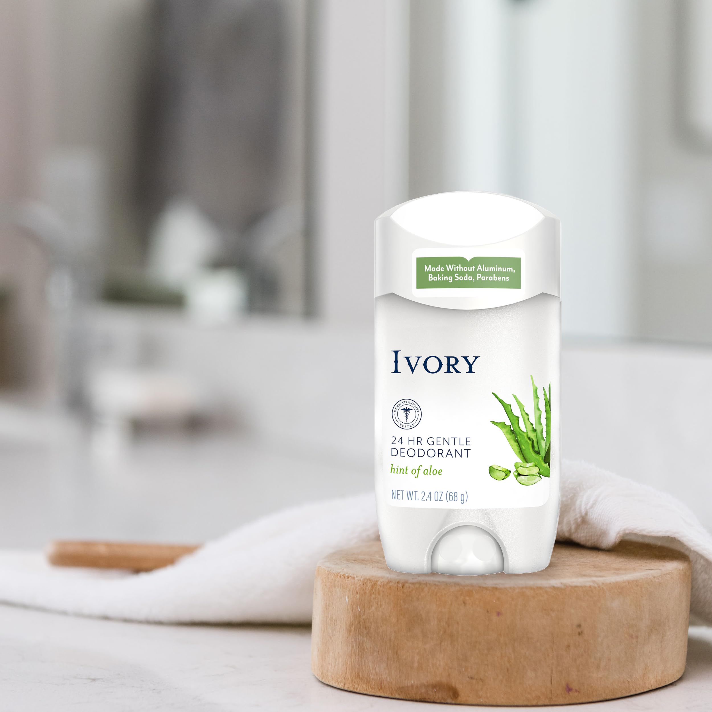 Ivory aluminum-free label on deodorant highlights baking soda-free formula for sensitive skin.
