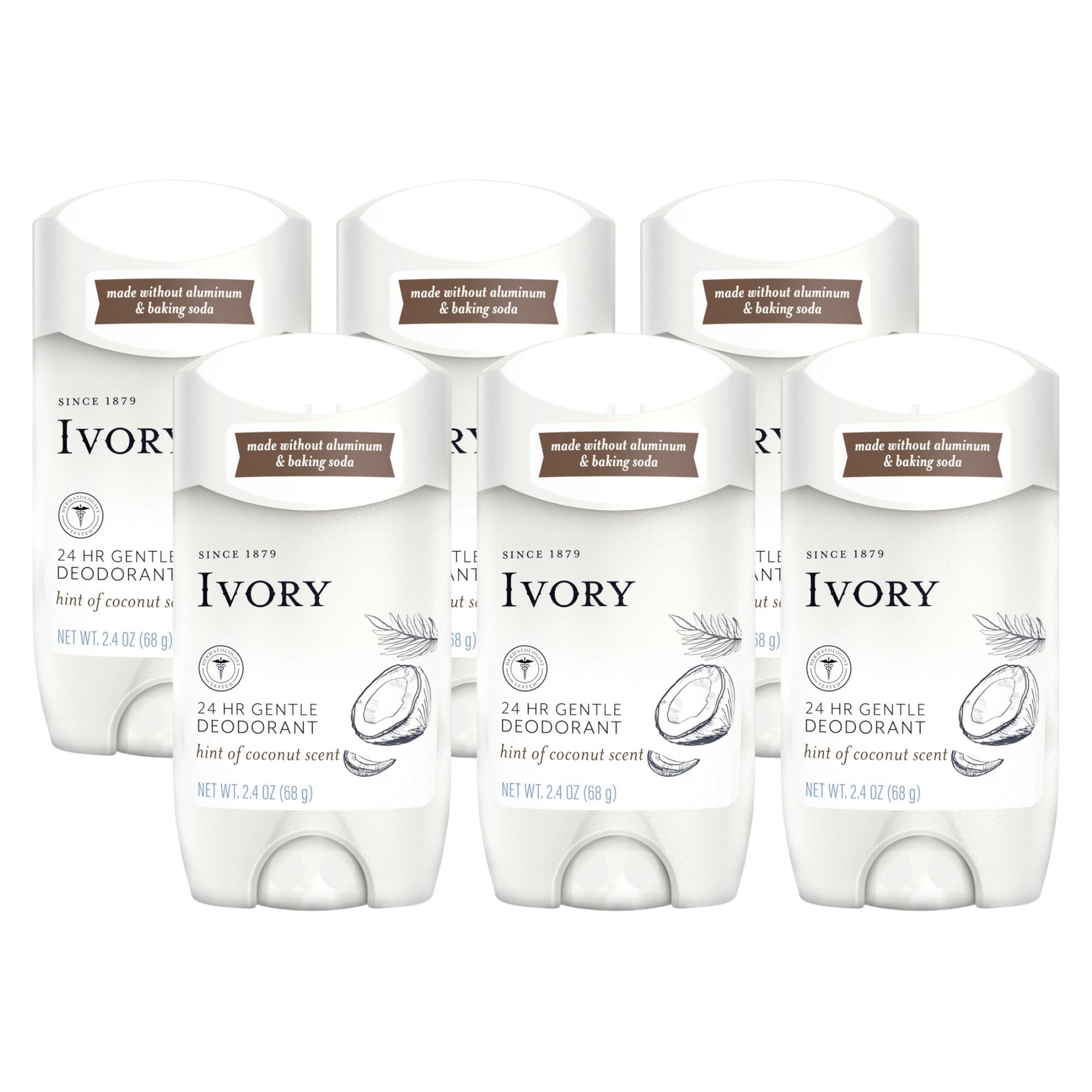 Ivory coconut-scent deodorant bottle shows aluminum-free gentle protection for daily wear.