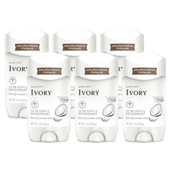 Ivory coconut-scent deodorant bottle shows aluminum-free gentle protection for daily wear.