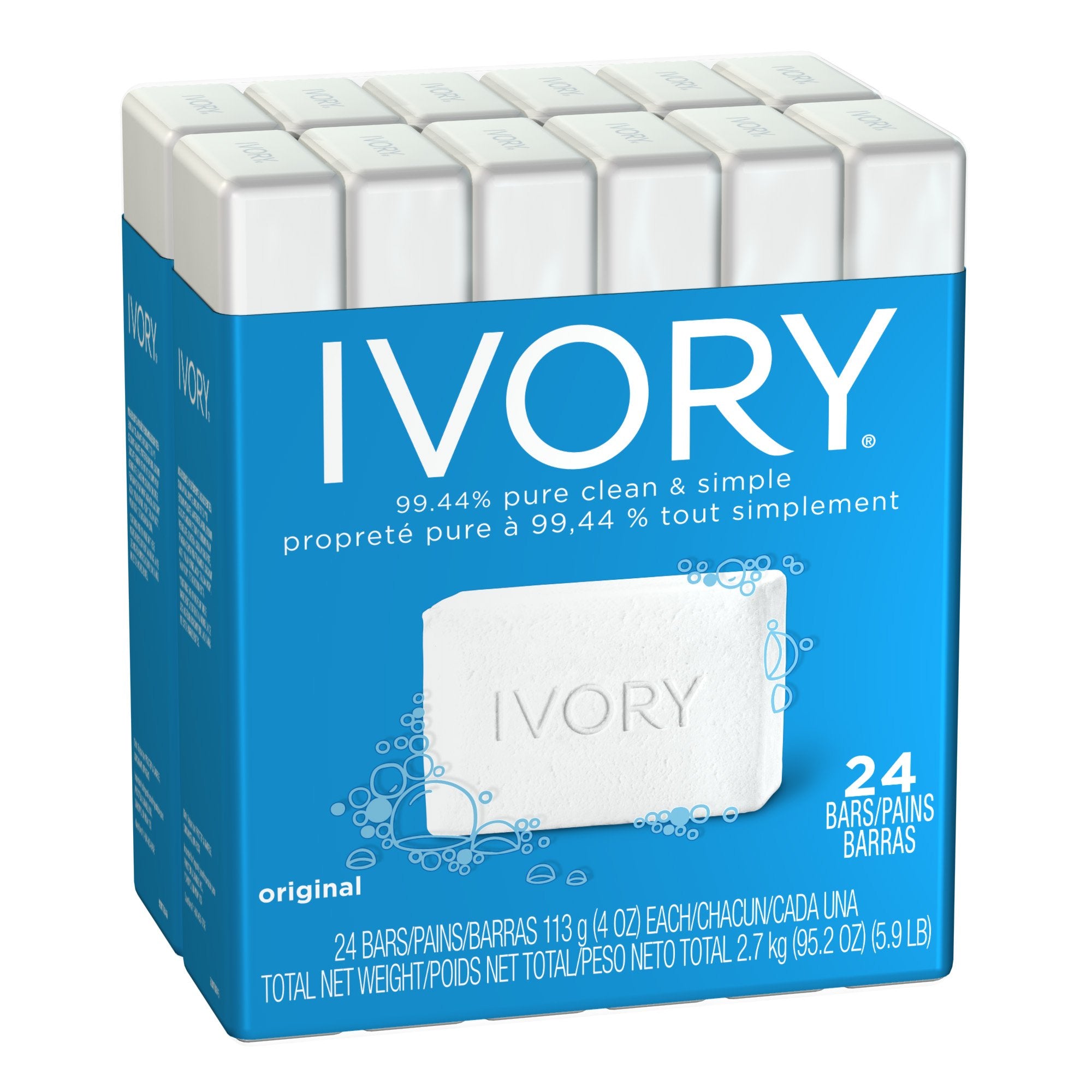 Ivory Original bath bar soap 4oz shown, offers a gentle, dye-free clean for the whole family.