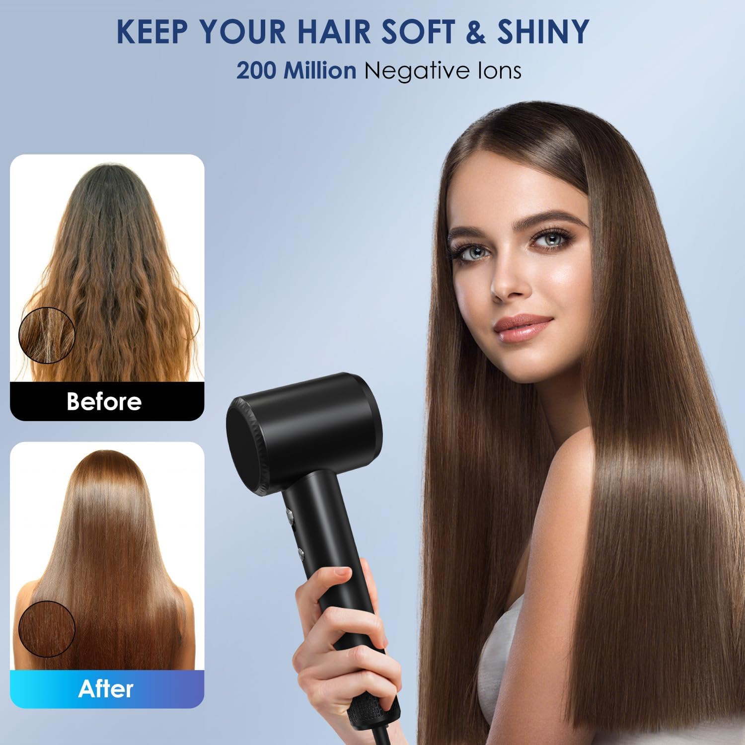 IWAANYI hair dryer provides 30m/s wind speed for efficient styling.
