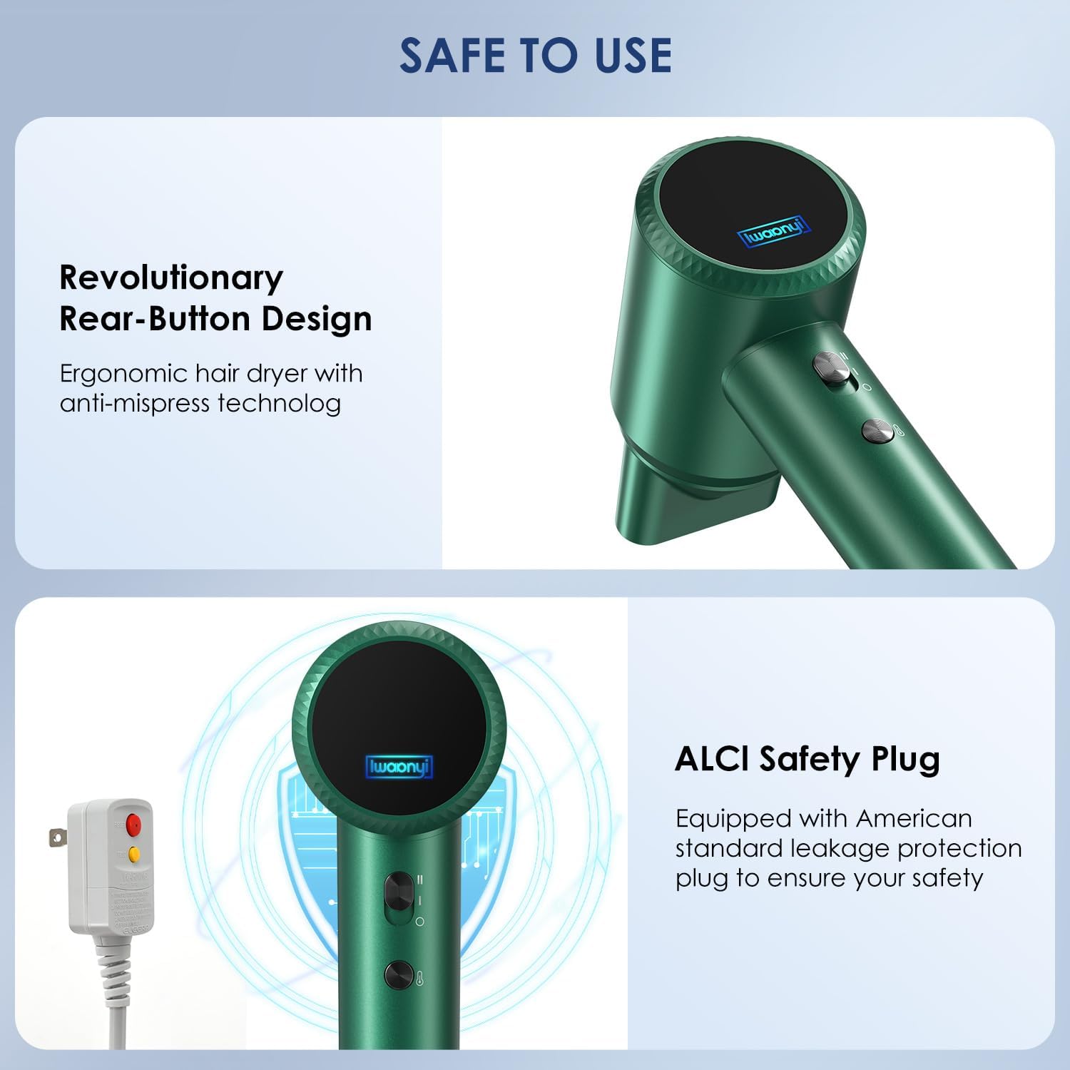 IWAANYI professional hair dryer us-plug-safety provides safe operation