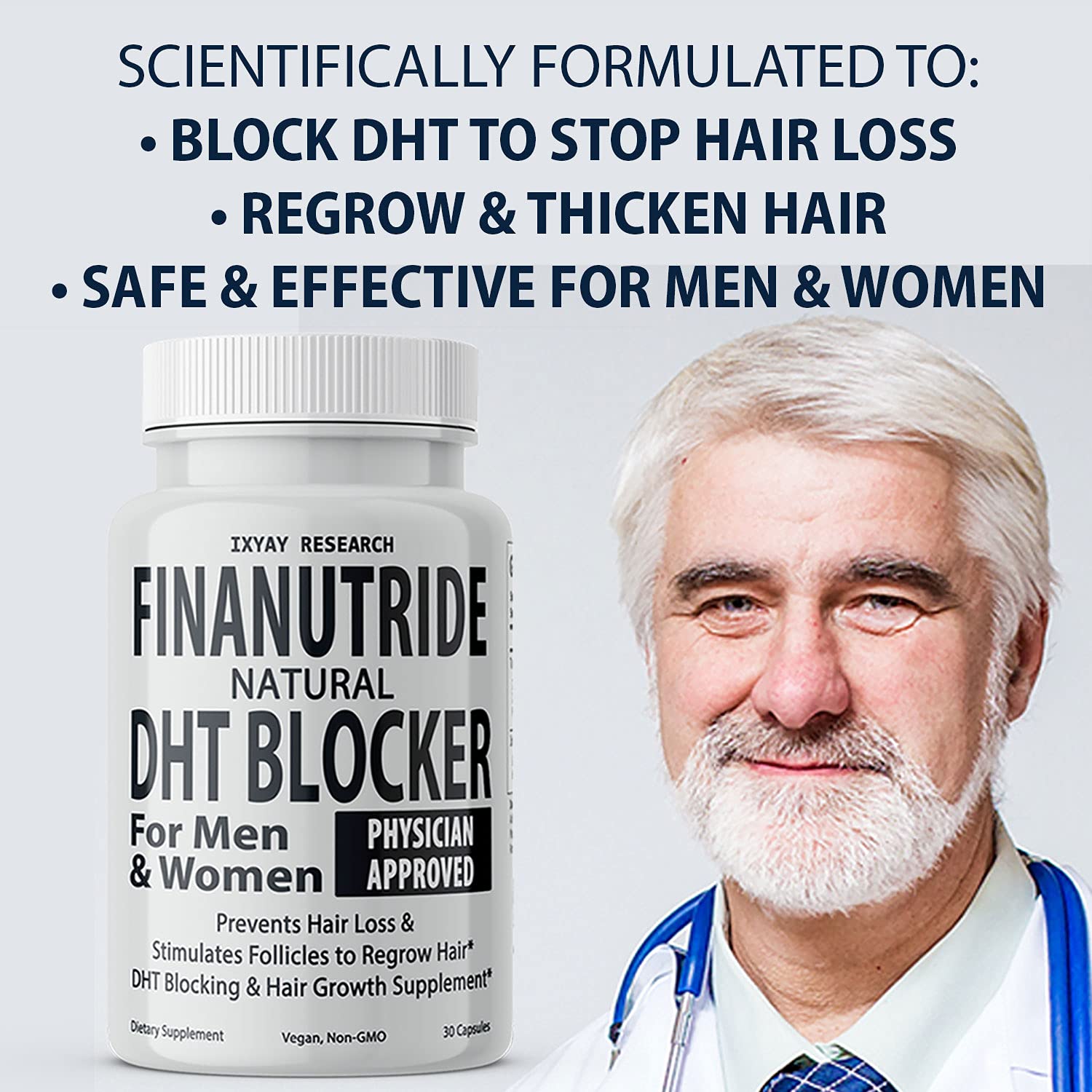 IXYAY RESEARCH Finanutride bottle on white background supporting daily hair health.