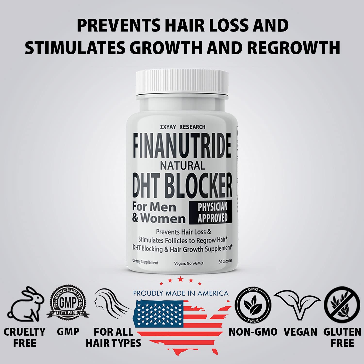 IXYAY RESEARCH Finanutride label detail highlighting natural DHT blockers.