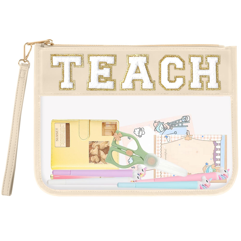 izuzta TEACH clear makeup bag front view shows clear visibility and organized storage for travel.