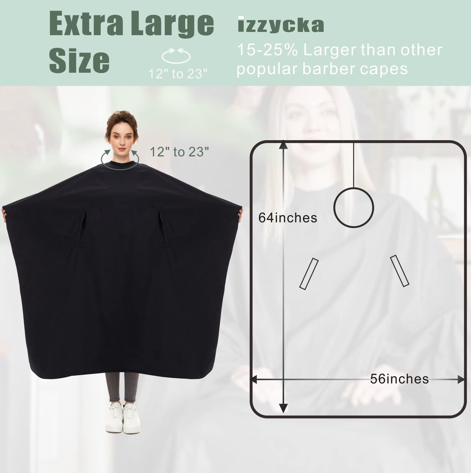 Izzycka barber cape featuring adjustable snap closure for secure neck fit.