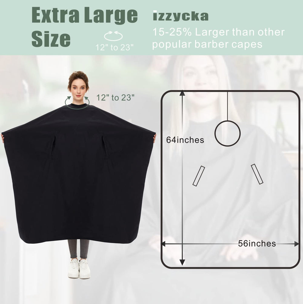 Izzycka barber cape featuring adjustable snap closure for secure neck fit.
