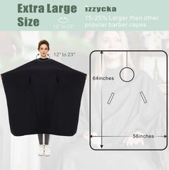Izzycka barber cape featuring adjustable snap closure for secure neck fit.