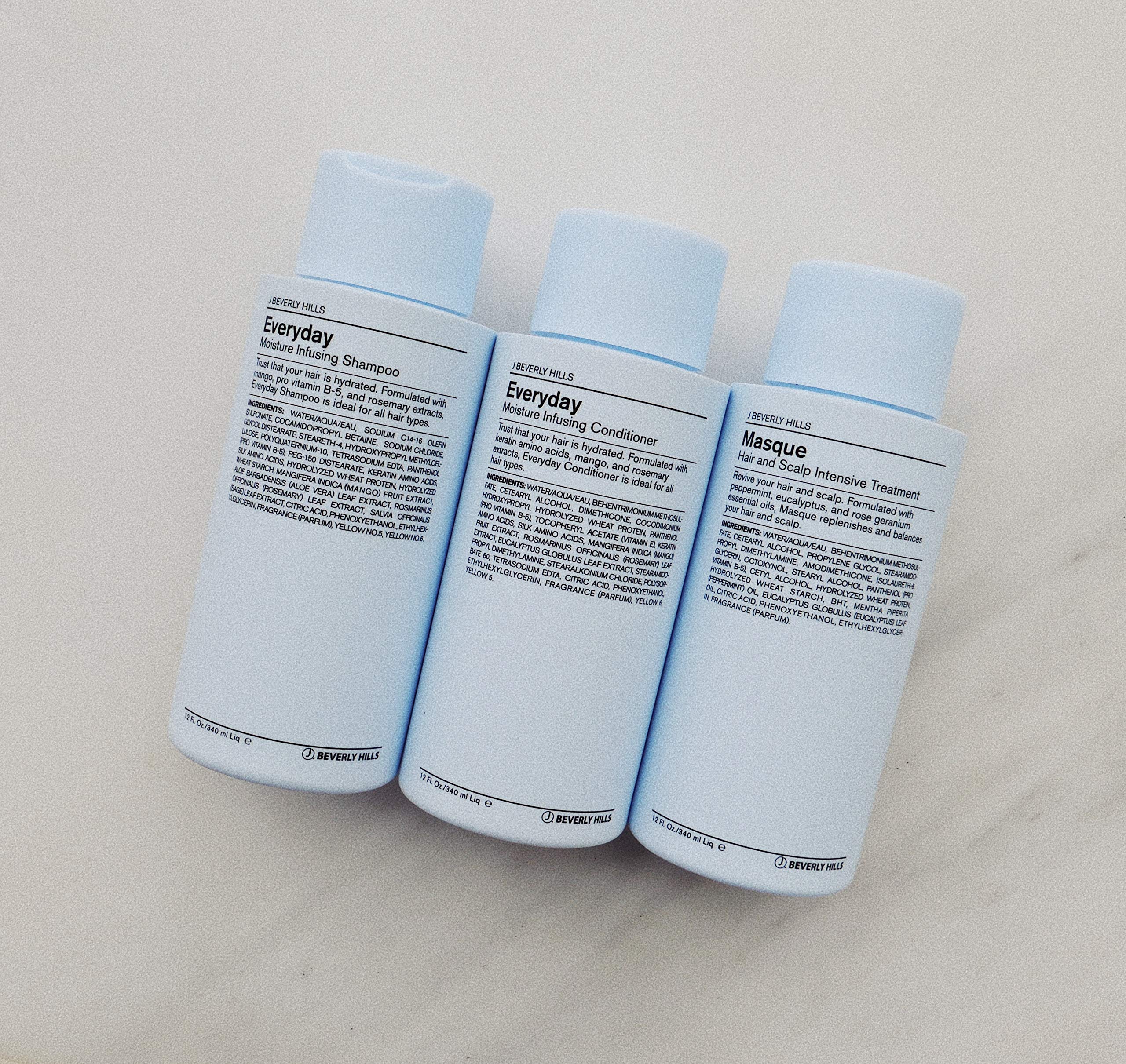 J Beverly Hills Blue Hair Mask bottle pour demonstrating easy use and hydration