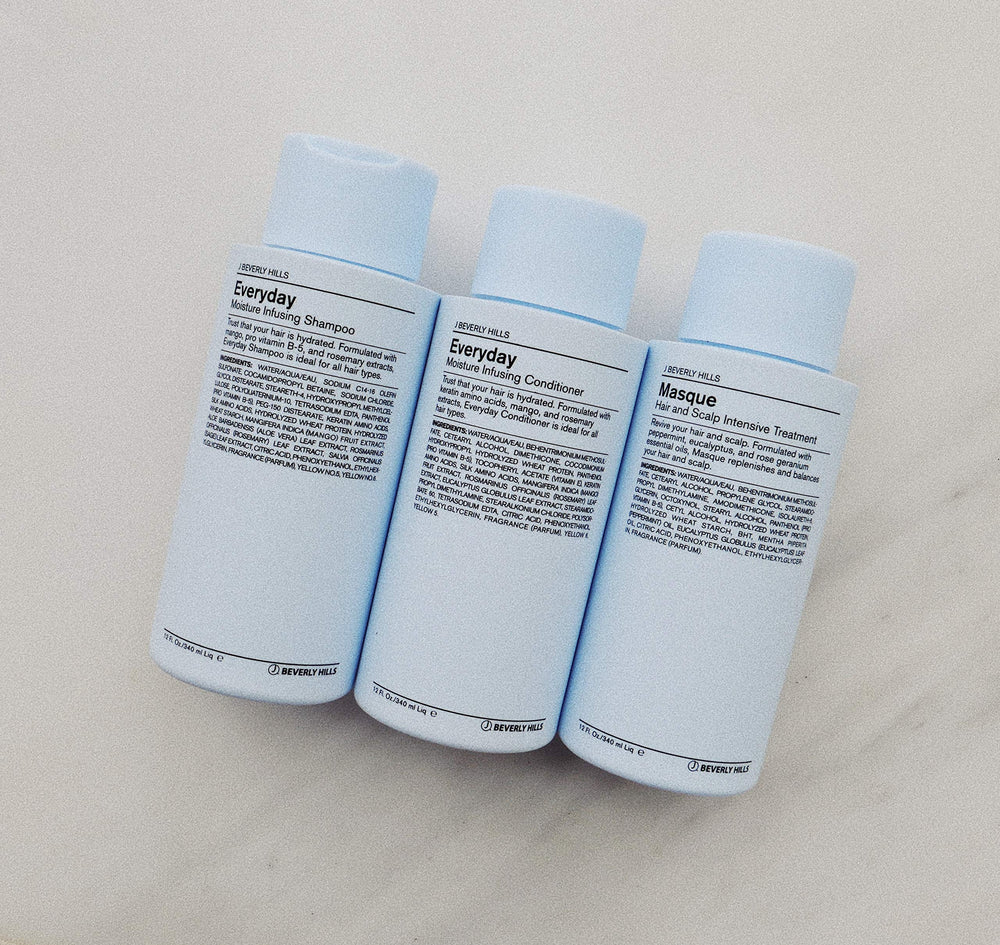 J Beverly Hills Blue Hair Mask bottle pour demonstrating easy use and hydration