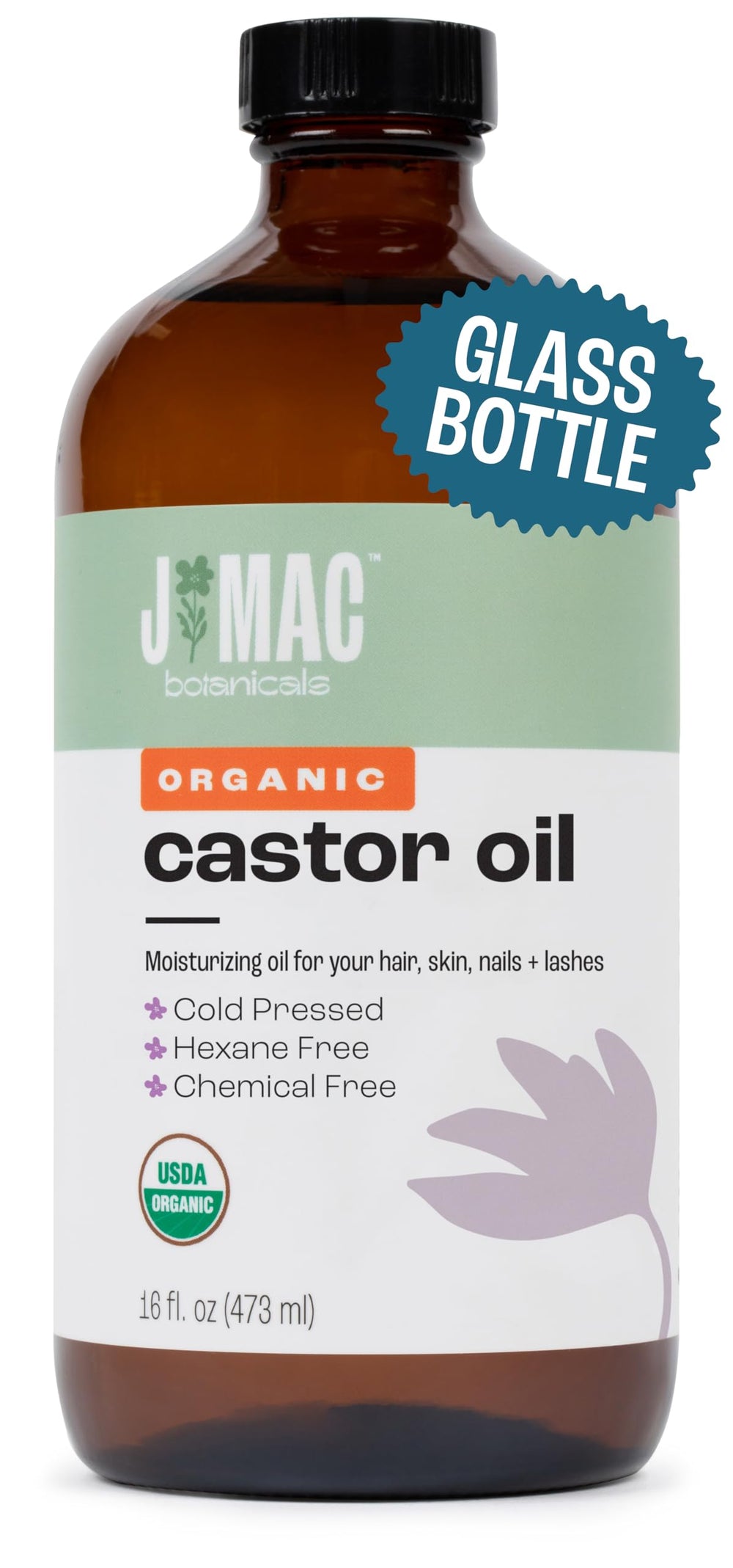 J Mac Botanicals castor oil glass bottle 16oz for skin and lash care