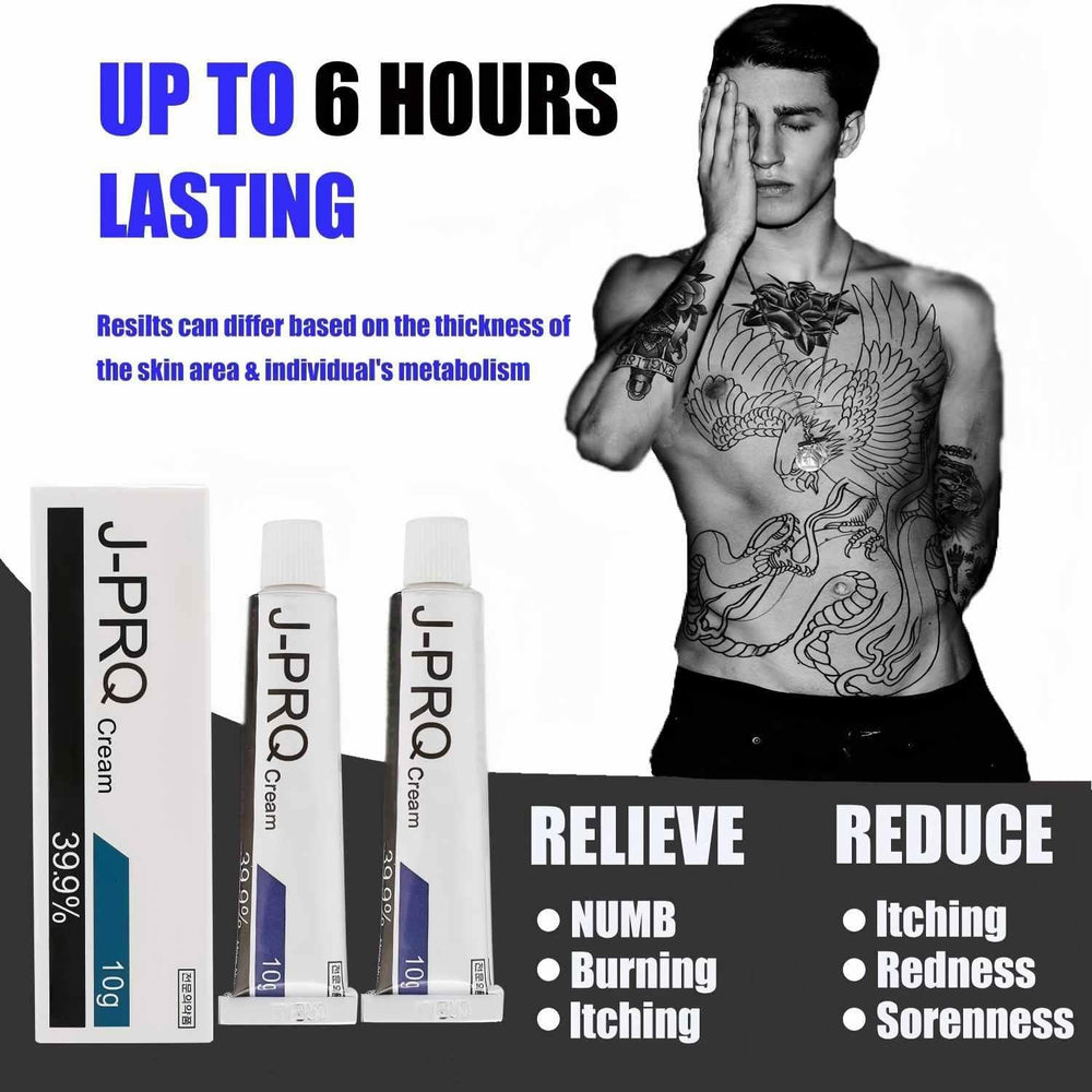 J-PRQ maximum-strength tattoo cream packaging box showcases extended wear and skin support.