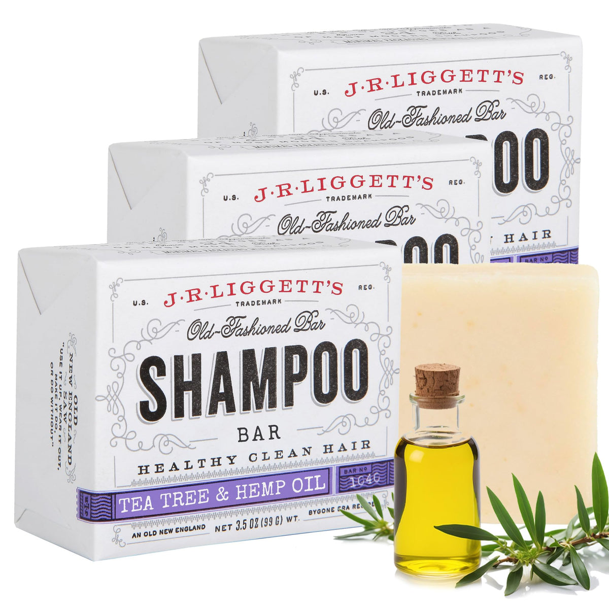 J.R.LIGGETT'S Tea Tree shampoo bar pack front view for fragrance-free cleansing.