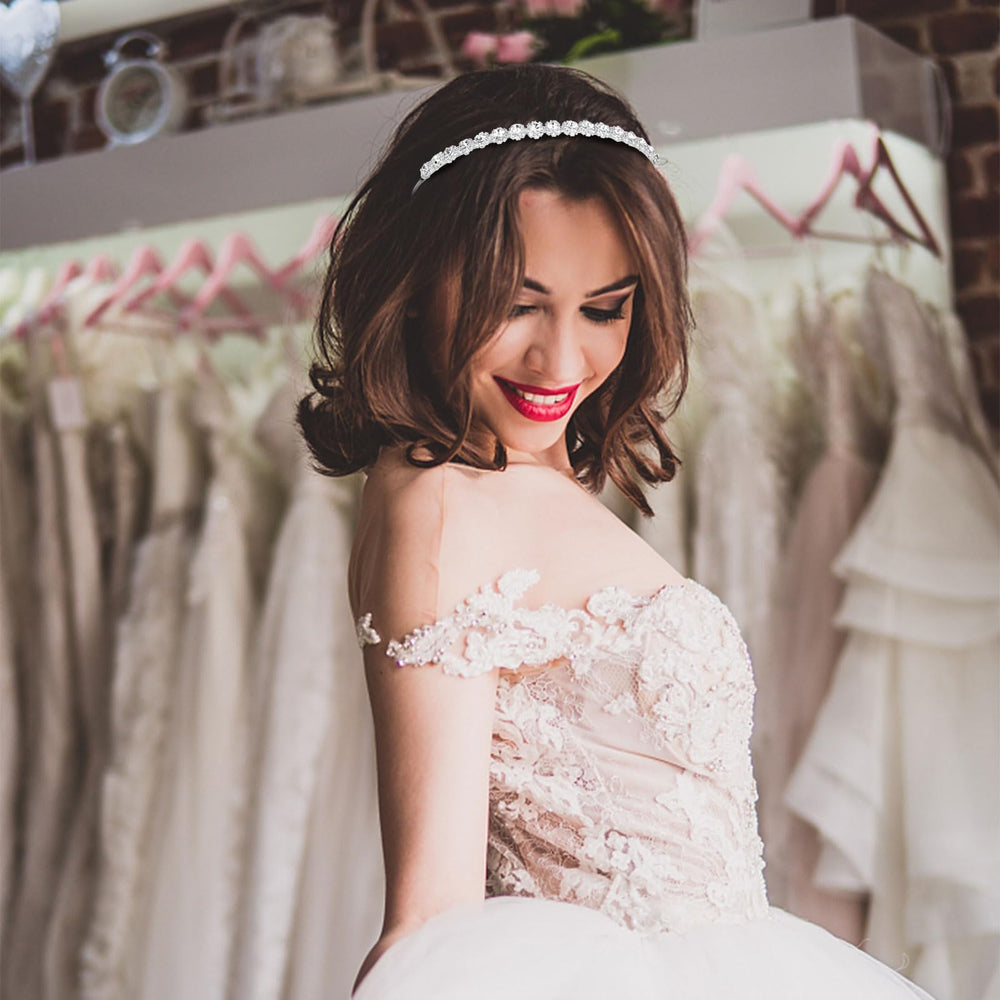 Jaciya rhinestone headband silver crown design adds timeless wedding accessory charm and easy styling.
