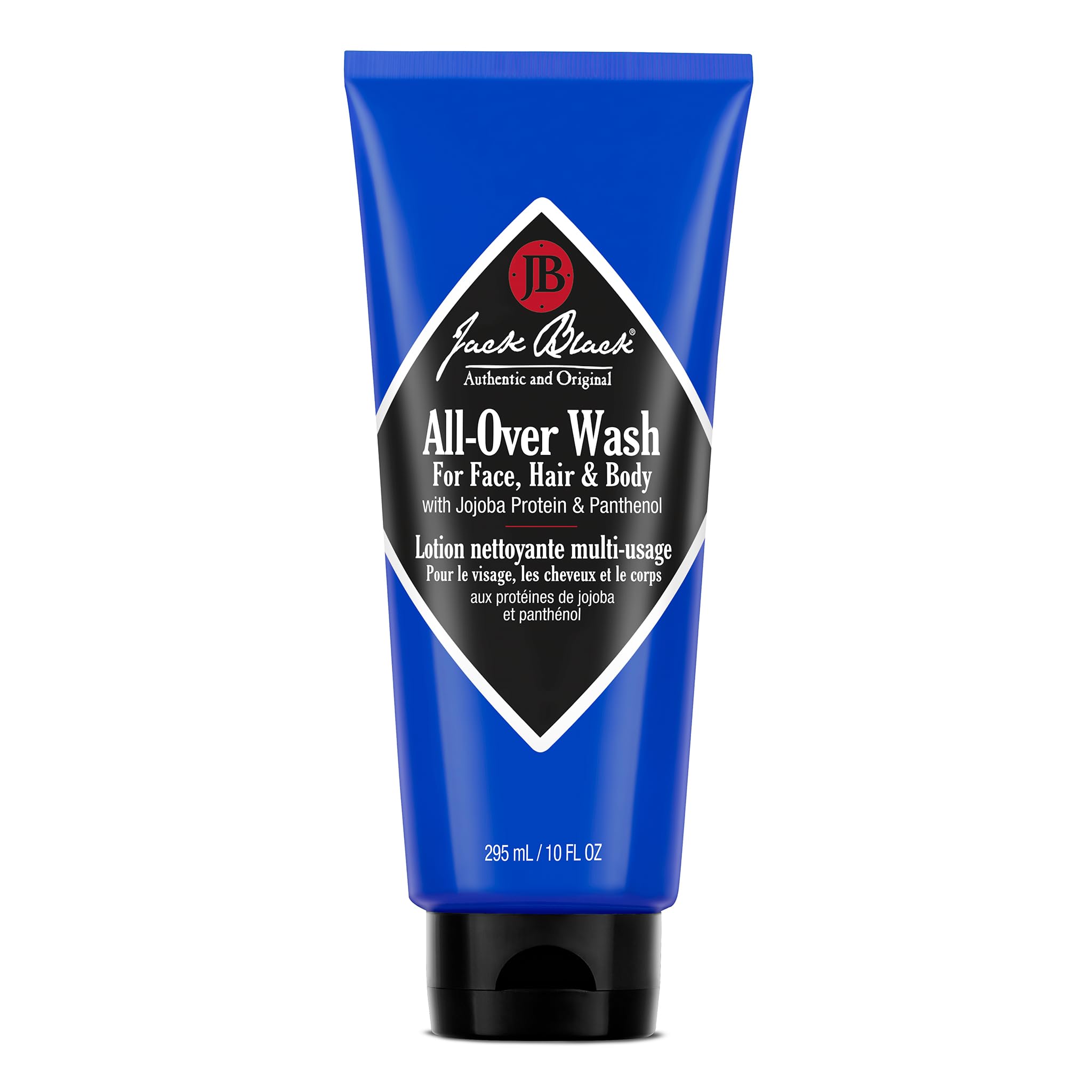 Jack Black All Over Wash bottle closeup, 3-in-1 cleanser for face, body, hair—daily convenience.