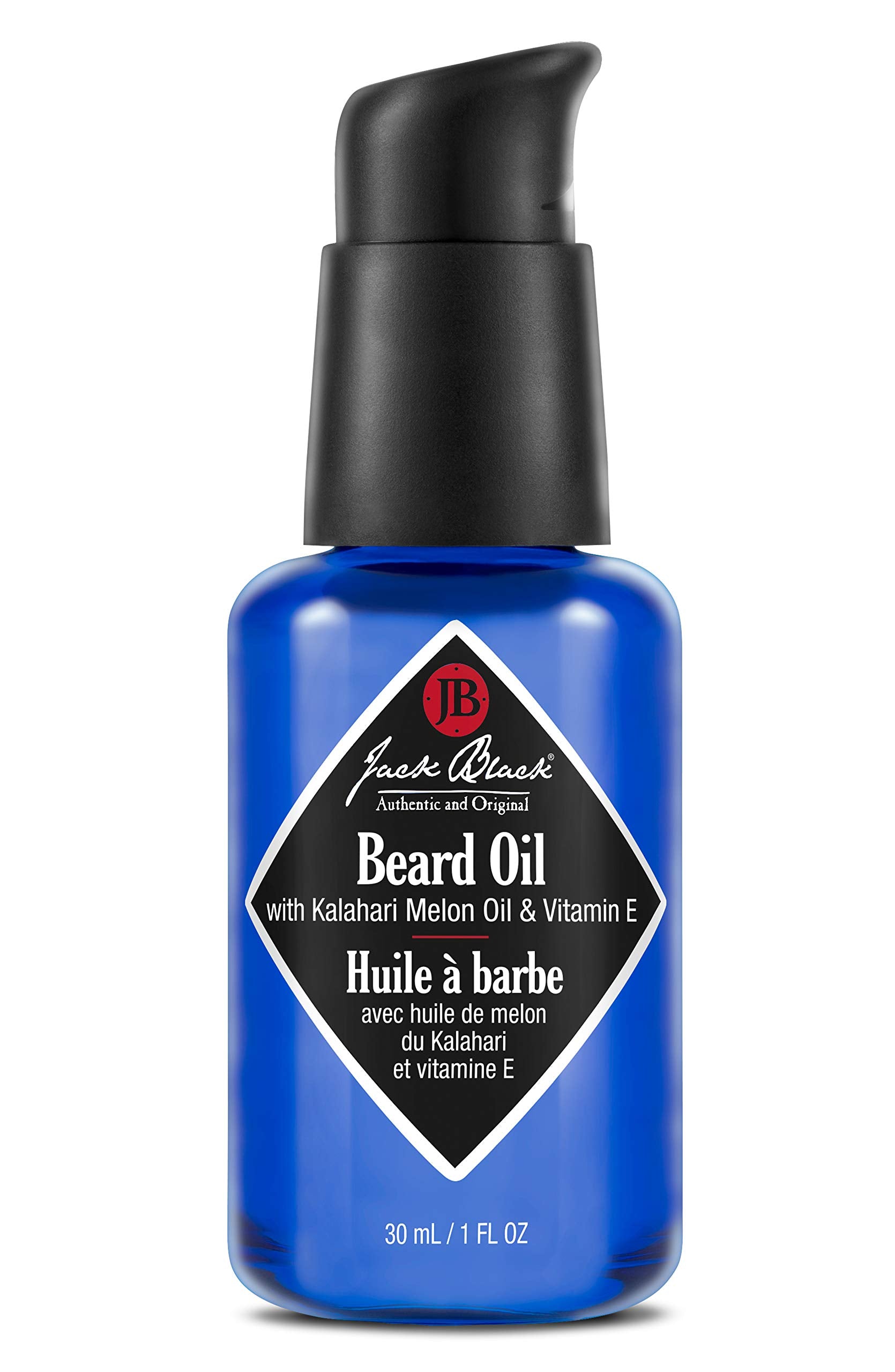 Jack Black beard oil bottle closeup for hydrated beard shine.