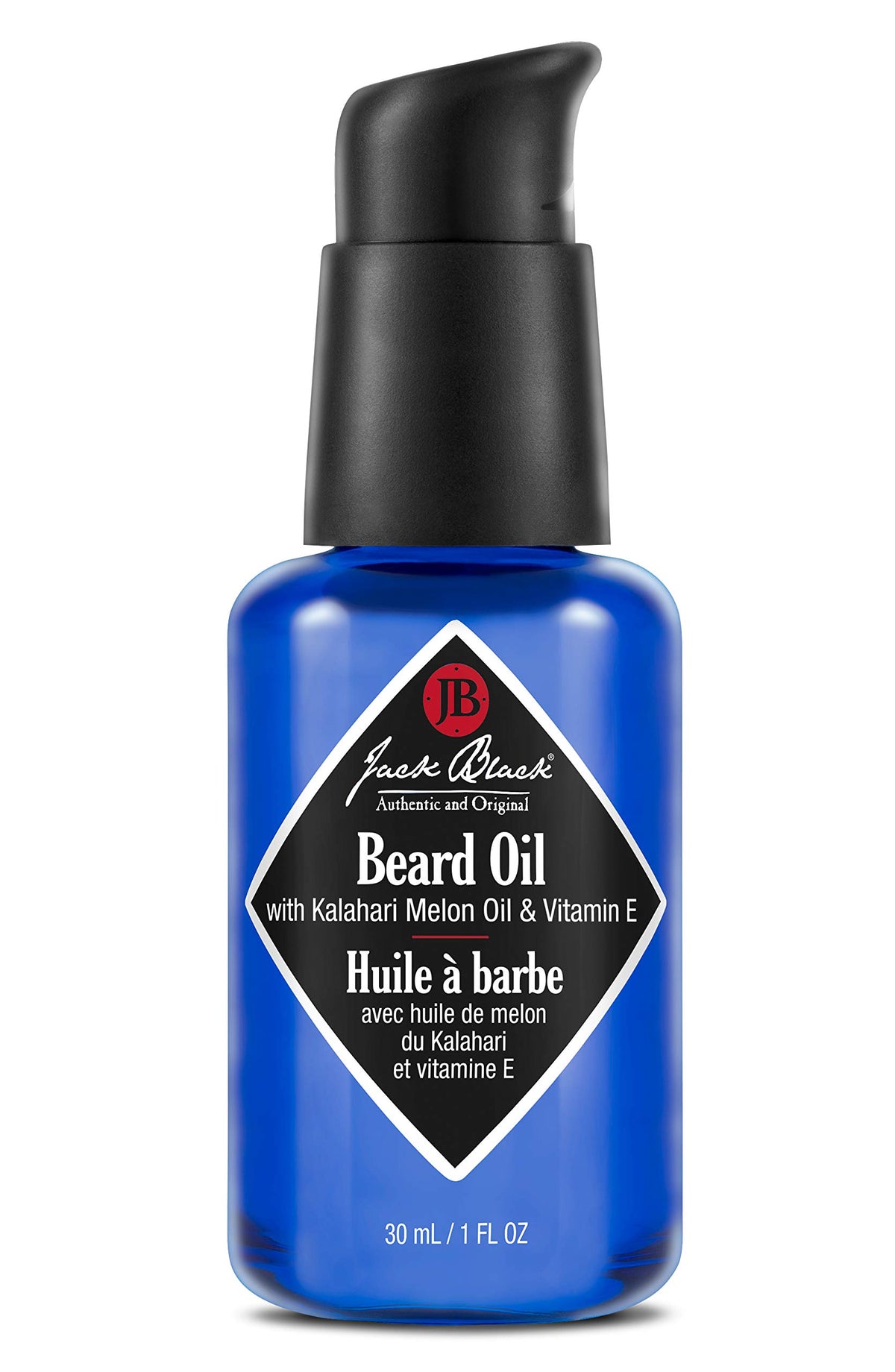 Jack Black beard oil bottle closeup for hydrated beard shine.