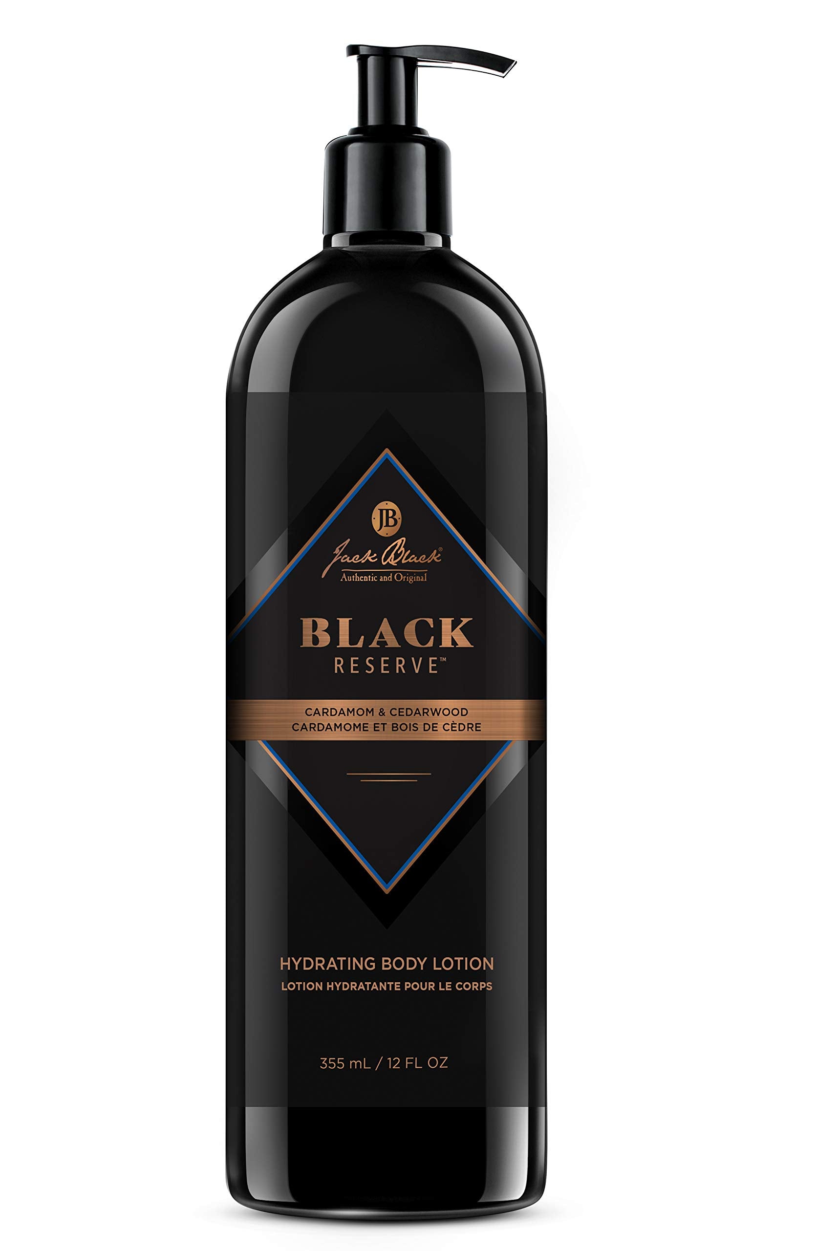 Jack Black Black Reserve bottle front showing cardamom and cedarwood aroma for everyday moisture.