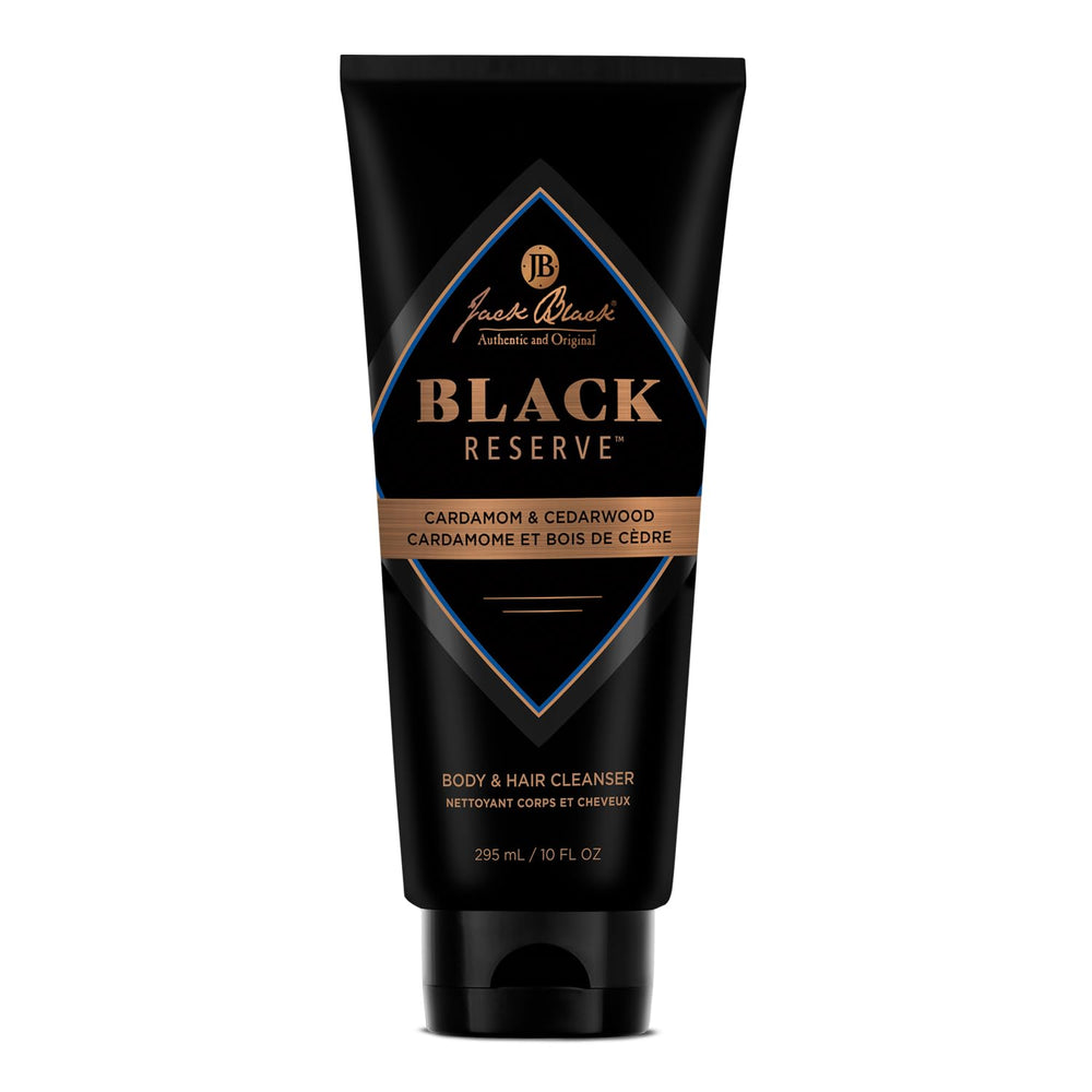 Jack Black Black Reserve Cleanser bottle featuring cardamom cedarwood for dual-purpose wash