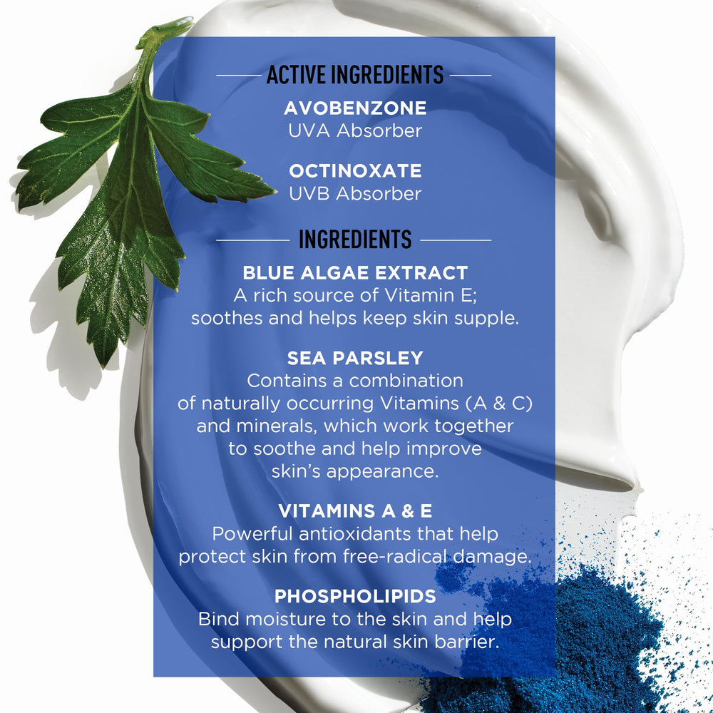 Blue algae extract highlights antioxidant-rich ingredient helping skin stay supple in imagery.