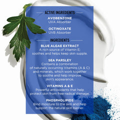 Blue algae extract highlights antioxidant-rich ingredient helping skin stay supple in imagery.