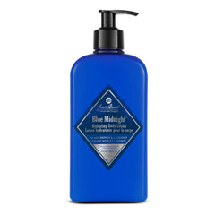 Jack Black Blue Midnight Body Lotion bottle front for hydrated, silky skin.