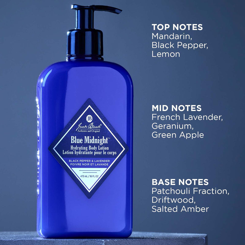 Jack Black Blue Midnight Body Lotion label closeup highlighting masculine scent notes.