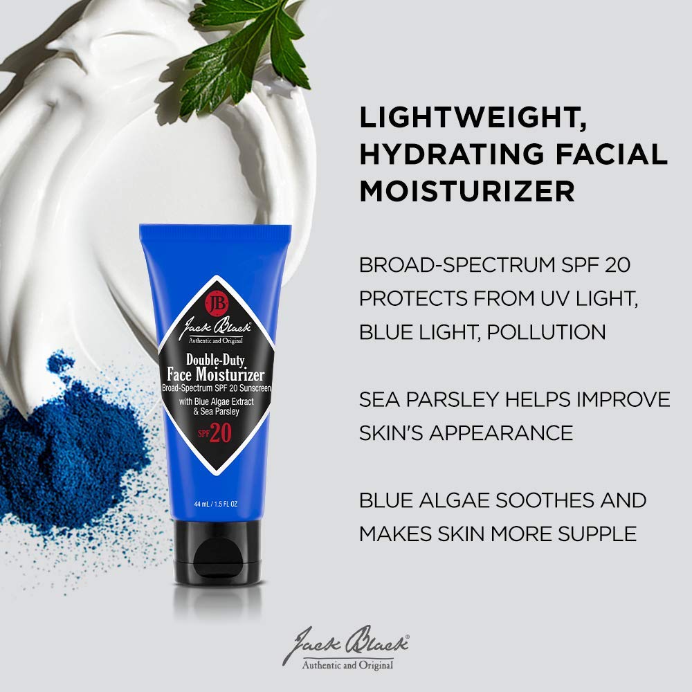 Jack Black Double Duty Face Moisturizer SPF 20 application shot demonstrates morning skincare protection.