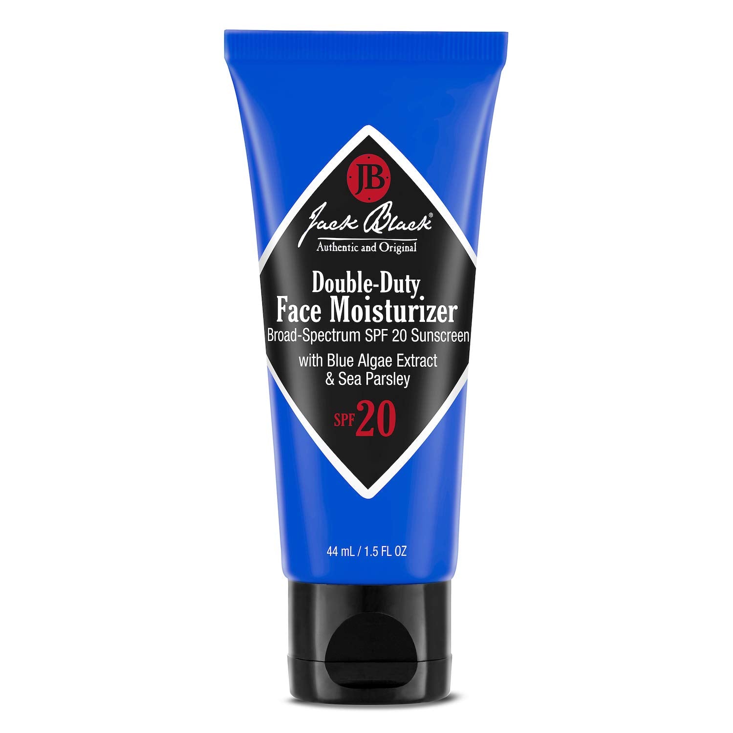 Jack Black Double Duty SPF 20 bottle close-up highlighting lightweight hydration and protection.