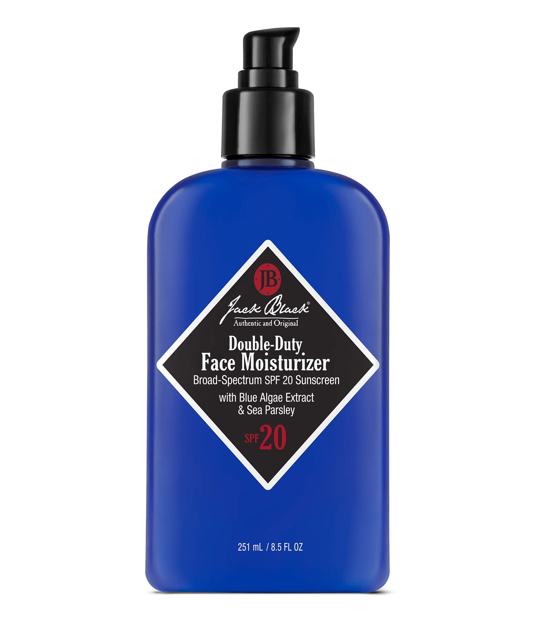 Jack Black Double-Duty Face Moisturizer bottle front with SPF 20 for daily sun protection.