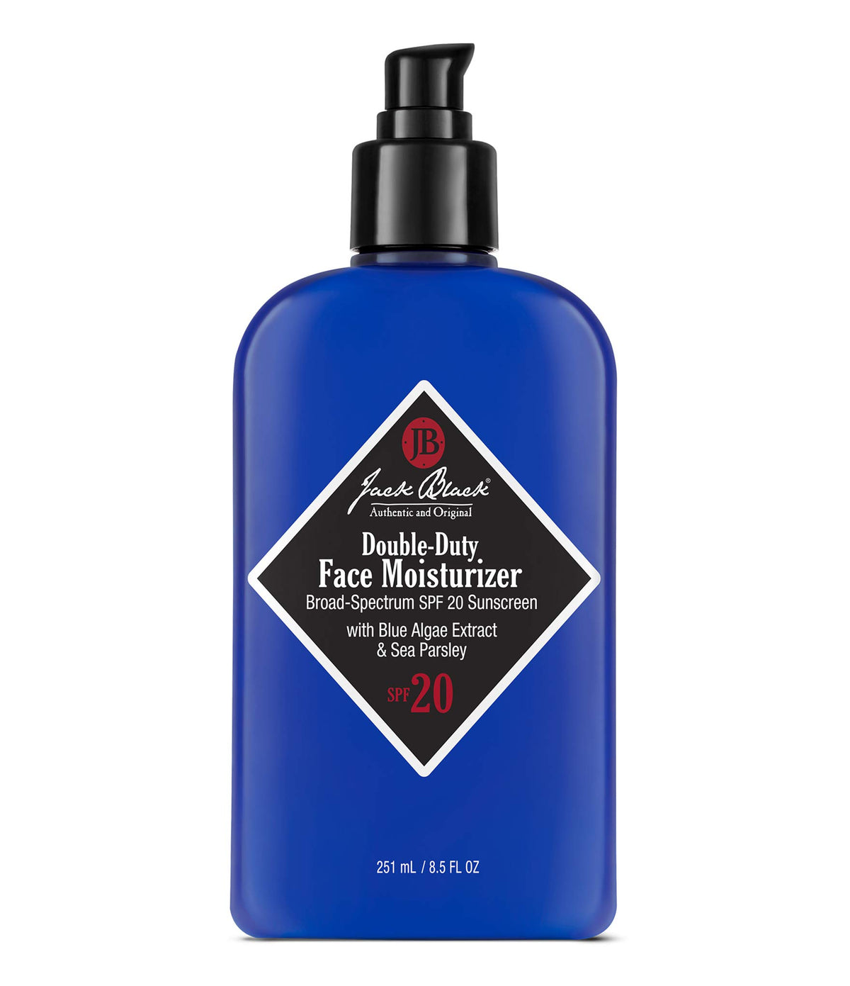 Jack Black Double-Duty Face Moisturizer bottle front with SPF 20 for daily sun protection.