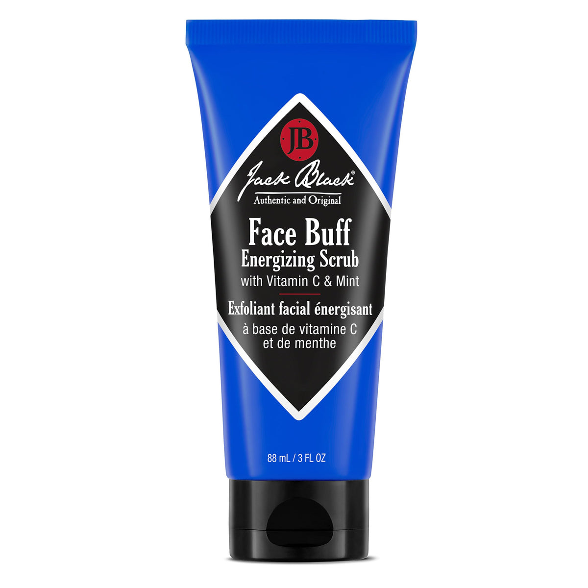 Jack Black Face Buff Energizing Scrub bottle—premium pre-shave cleanser for smoother shaves.